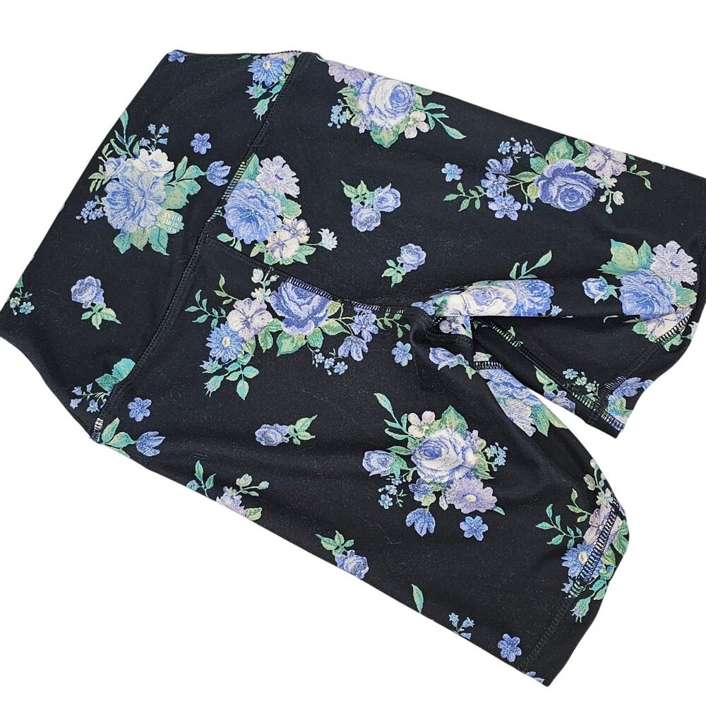 WeWoreThat Women XS Bike Short Black Blue Floral Yoga Gym Runner Slim Athleisure
